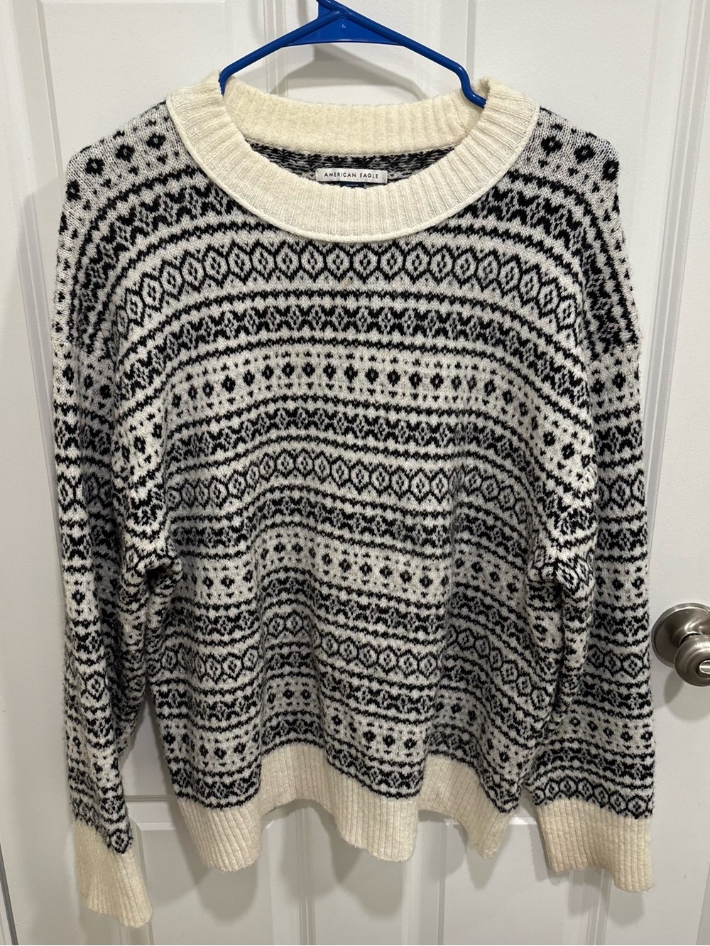 American Eagle Fair Isle Crewneck Sweater Black White Size M